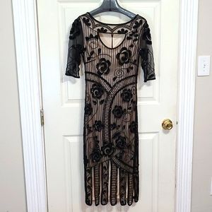 Unique vintage NWT 20s style black and nude beaded dress small